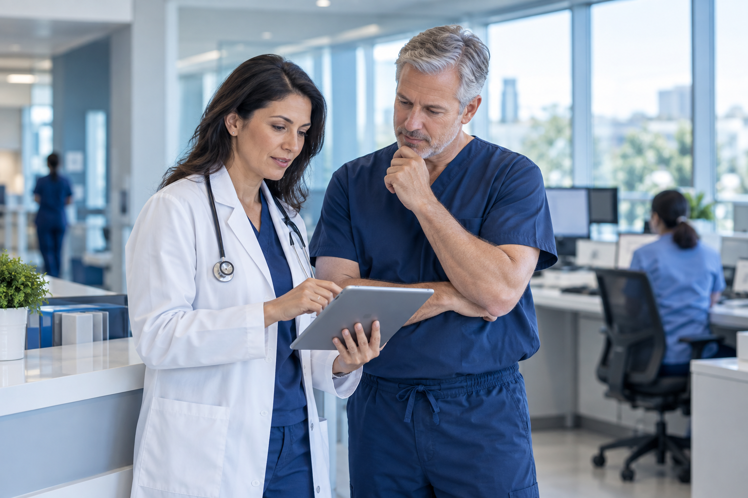 Two physicians reviewing a tablet in a hospital